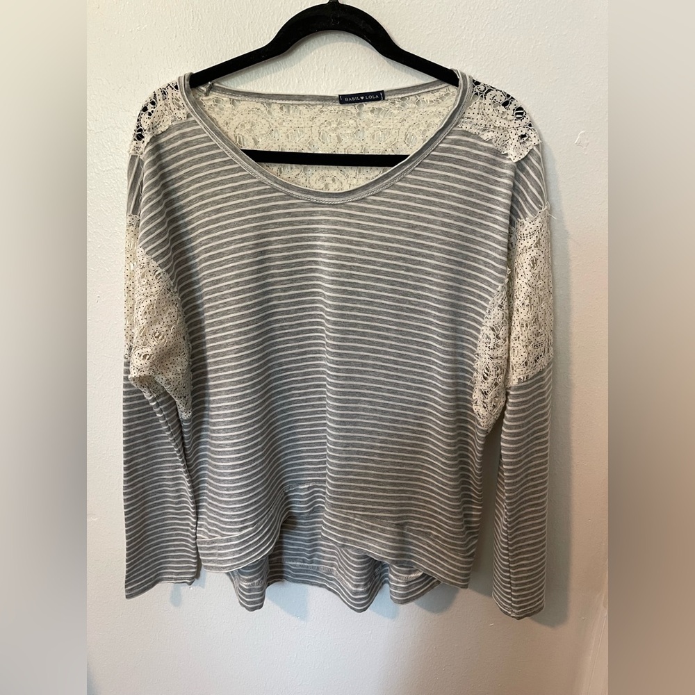 Basil Lola Striped Lace Scoop Neck Shirt Sz L